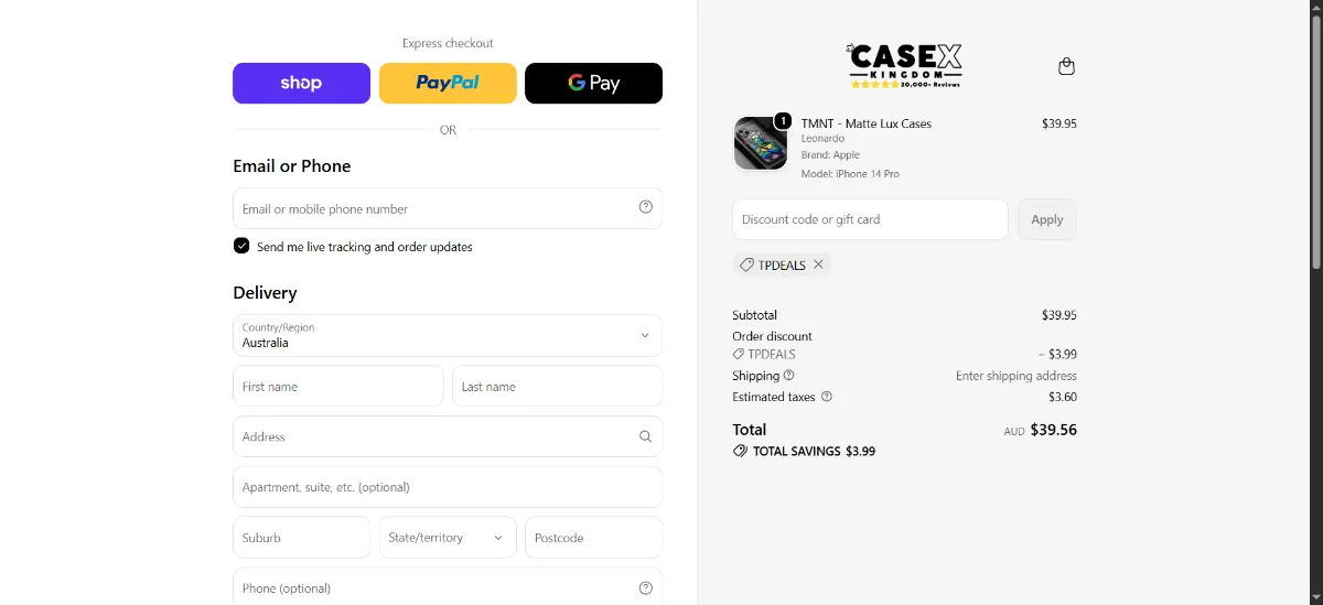 The Case X Kingdom checkout, with the discount code box