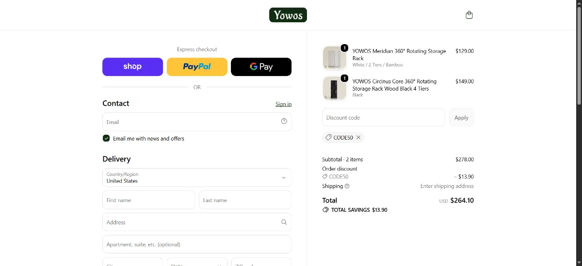 The Yowos checkout, with the discount code box