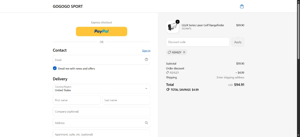 The Gogogo Sport checkout, with the discount code box