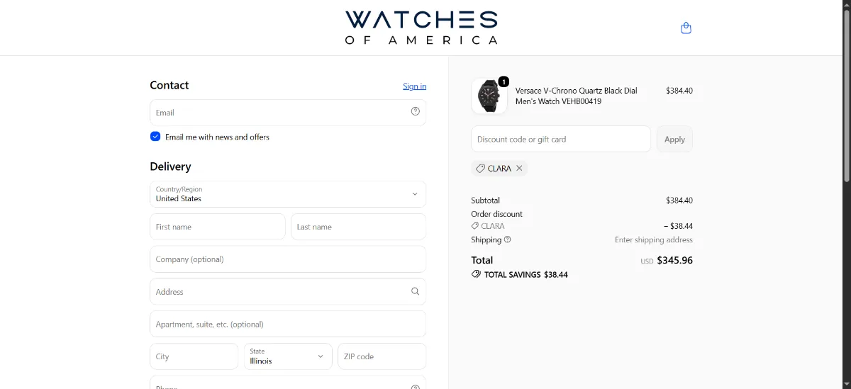 The Watches of America checkout, with the discount code box