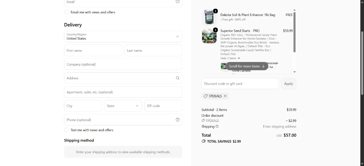 The OrganicRev checkout, with the discount code box