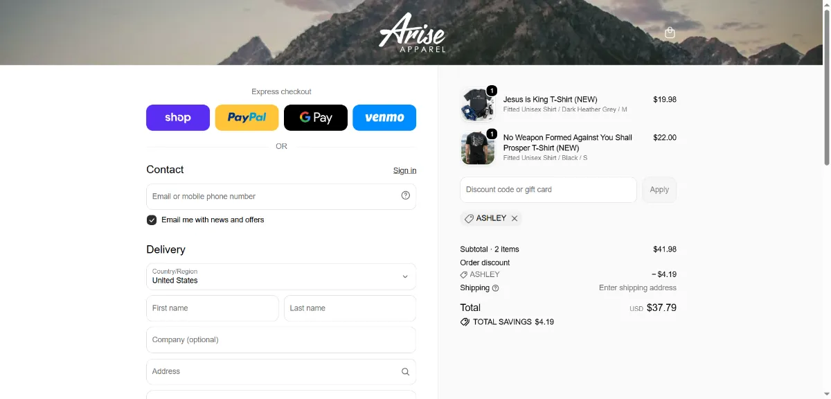 The Arise Apparel checkout, with the discount code box