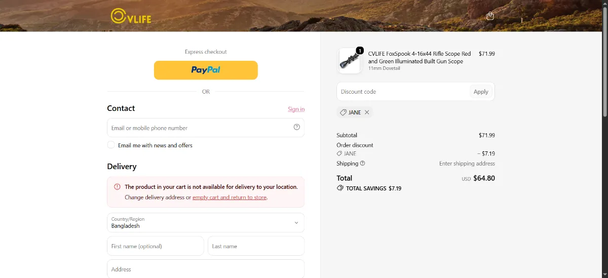 The CVLIFE checkout, with the discount code box