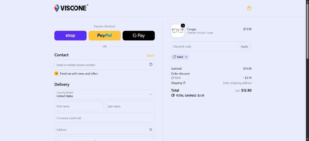 The VisoOne Eyewear checkout, with the discount code box