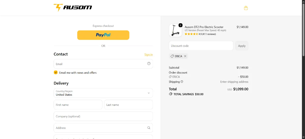 The Ausom checkout, with the discount code box