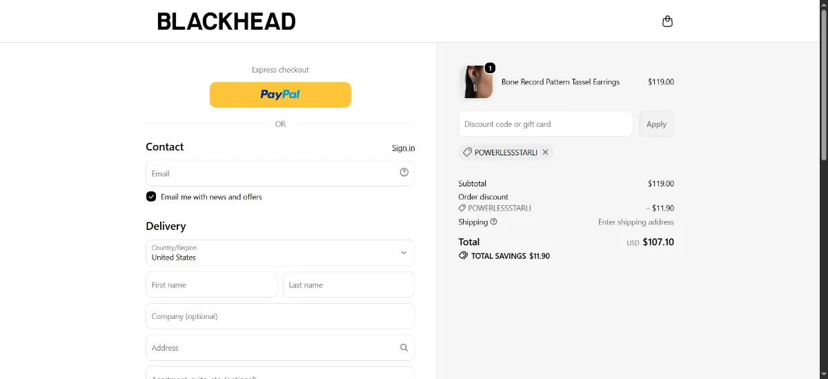 The Blackhead Shop checkout, with the discount code box