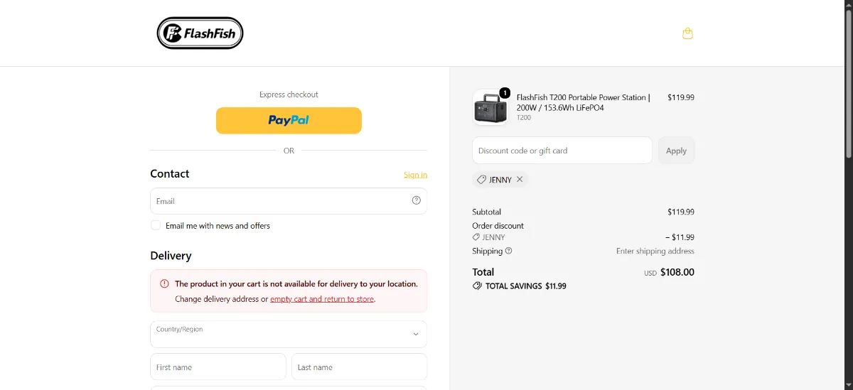 The Flash Fish Tech checkout, with the discount code box