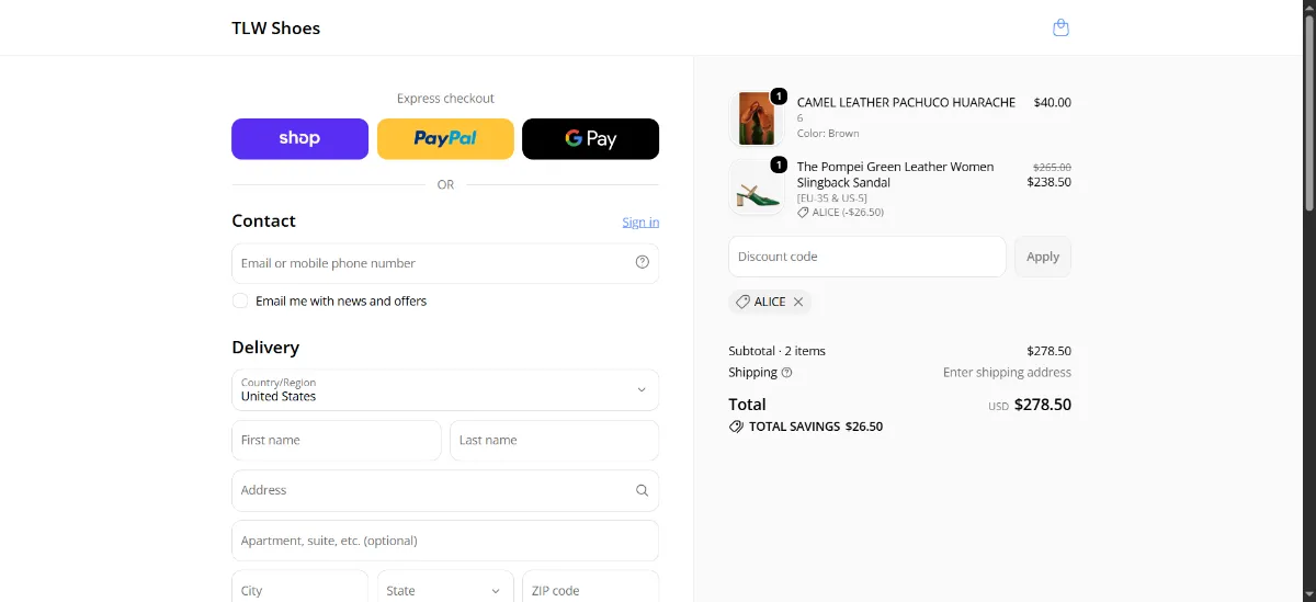 The TLW Shoes checkout, with the discount code box