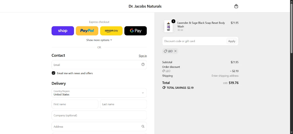 The Dr Jacobs Naturals checkout, with the discount code box