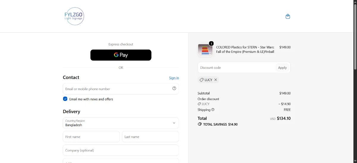 The FYLZGO checkout, with the discount code box