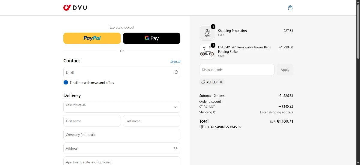 The DYU checkout, with the discount code box
