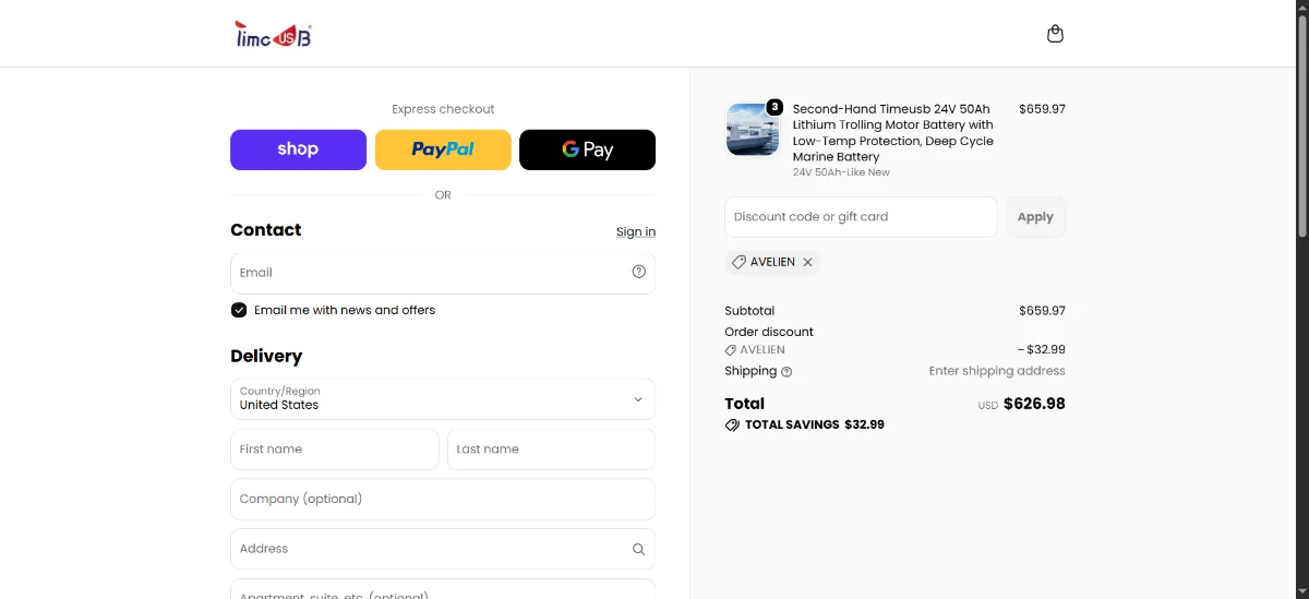 The Timeusb checkout, with the discount code box