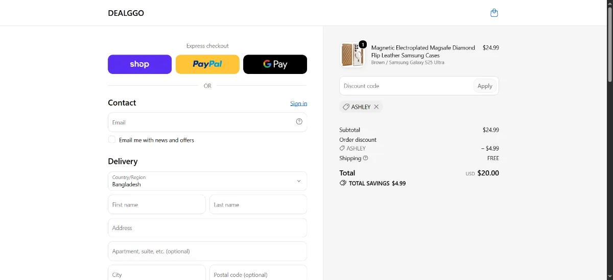 The Dealggo checkout, with the discount code box