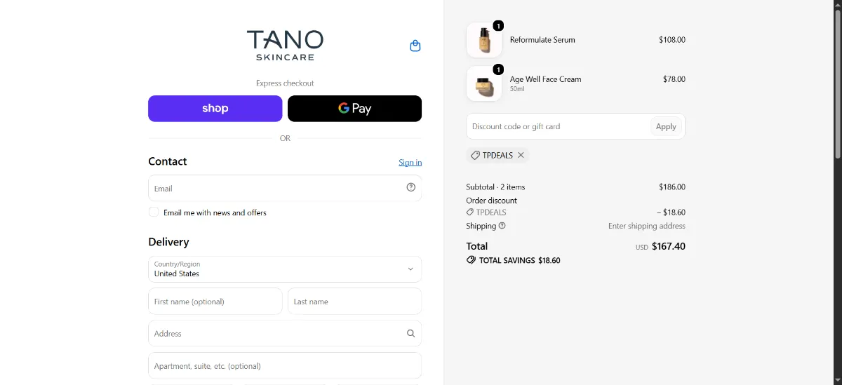 The Tano Skincare checkout, with the discount code box