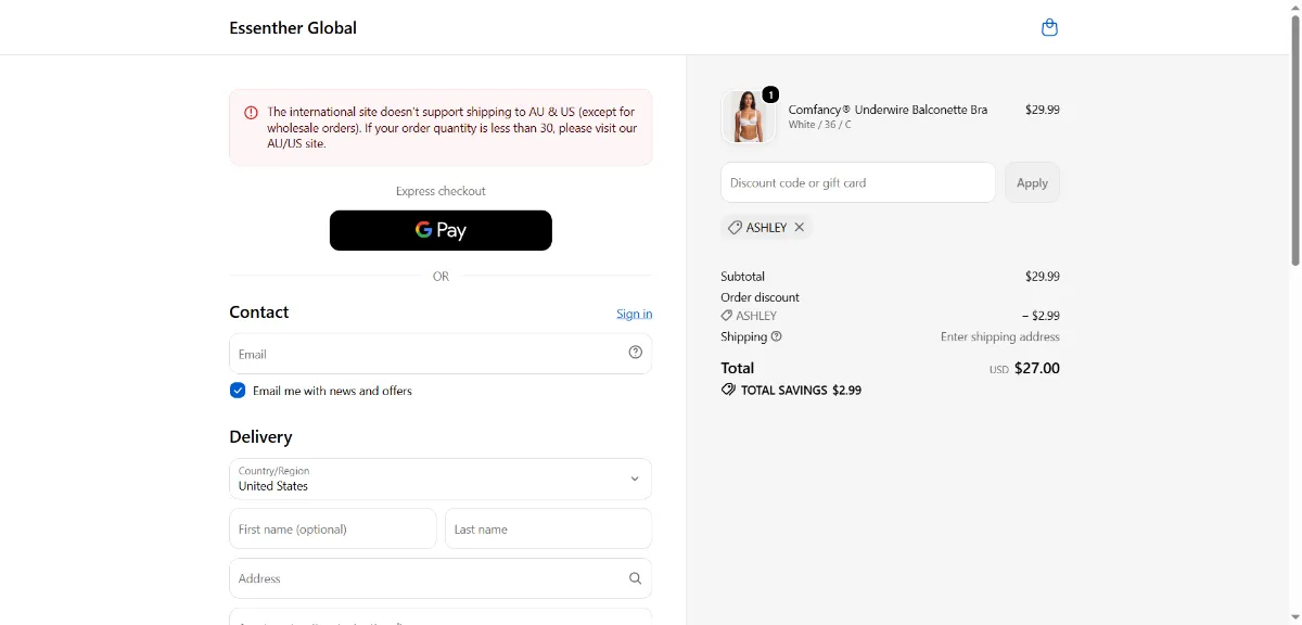 The Essenther Global checkout, with the discount code box