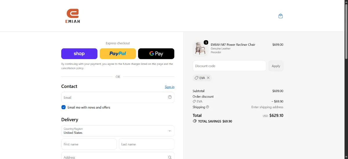 The EMIAH Store checkout, with the discount code box