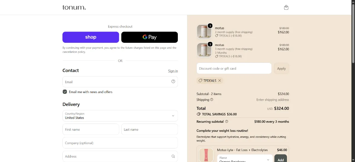 The Tonum checkout, with the discount code box