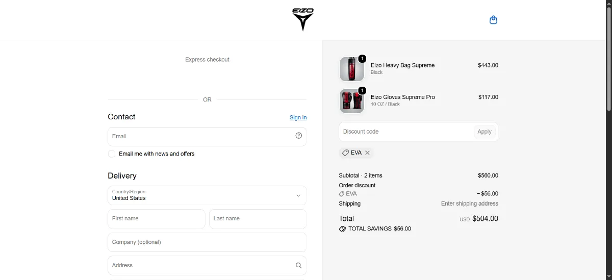 The Eizo Sport checkout, with the discount code box
