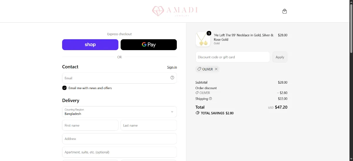 The AMADI Jewelry checkout, with the discount code box