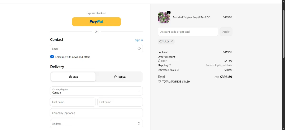 The Cactus en Ligne checkout, with the discount code box