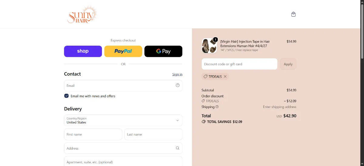 The Sunny Hair checkout, with the discount code box
