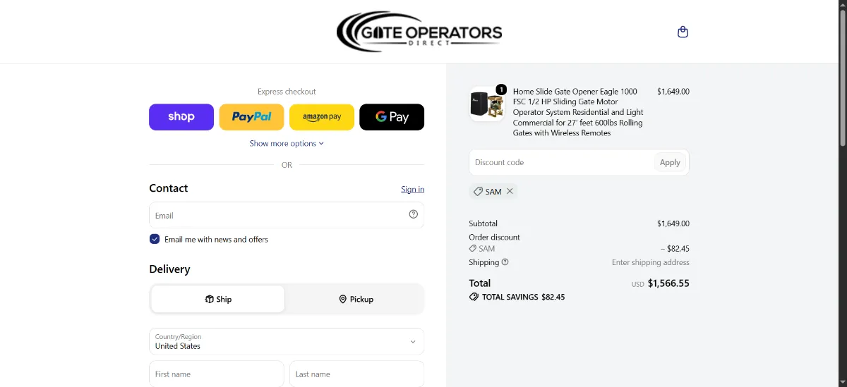 The Gate Operators Directusa checkout, with the discount code box