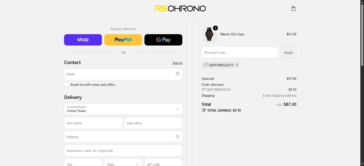 The RS Chrono checkout, with the discount code box