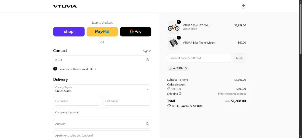The Vtuvia Ebike checkout, with the discount code box