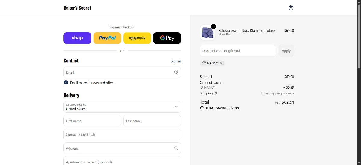 The Baker's Secret checkout, with the discount code box