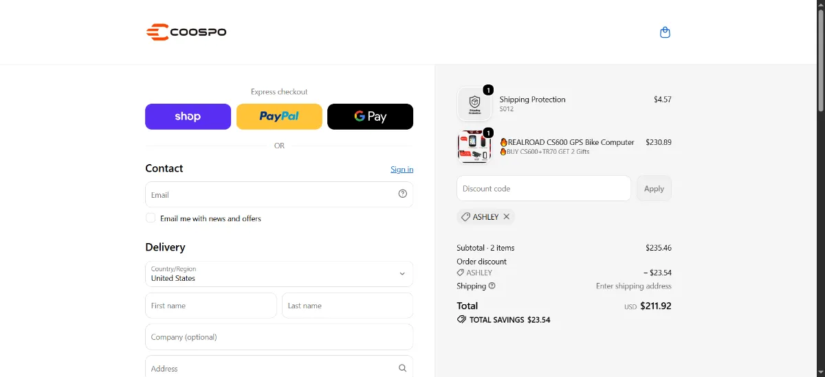 The COOSPO checkout, with the discount code box