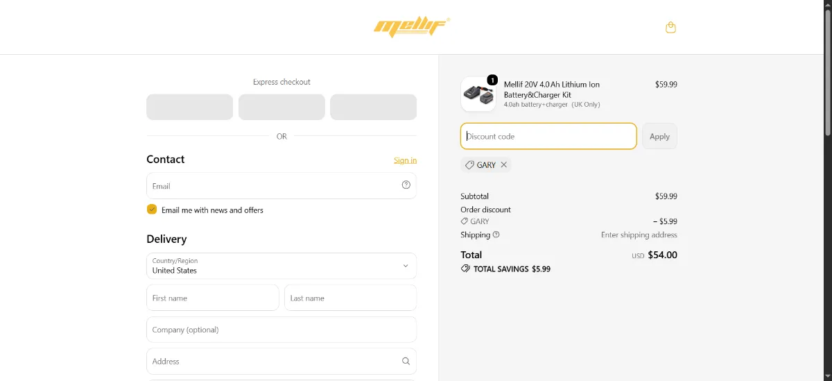 The Mellif Tools checkout, with the discount code box