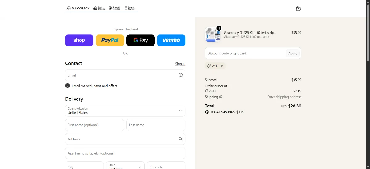 The Glucoracy checkout, with the discount code box