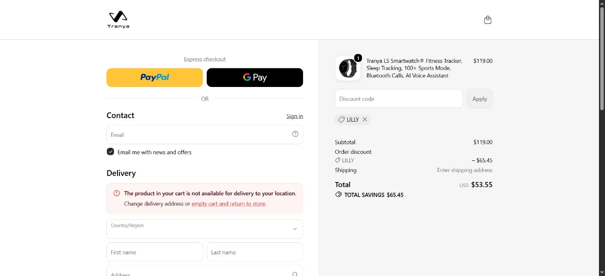 The Tranya checkout, with the discount code box