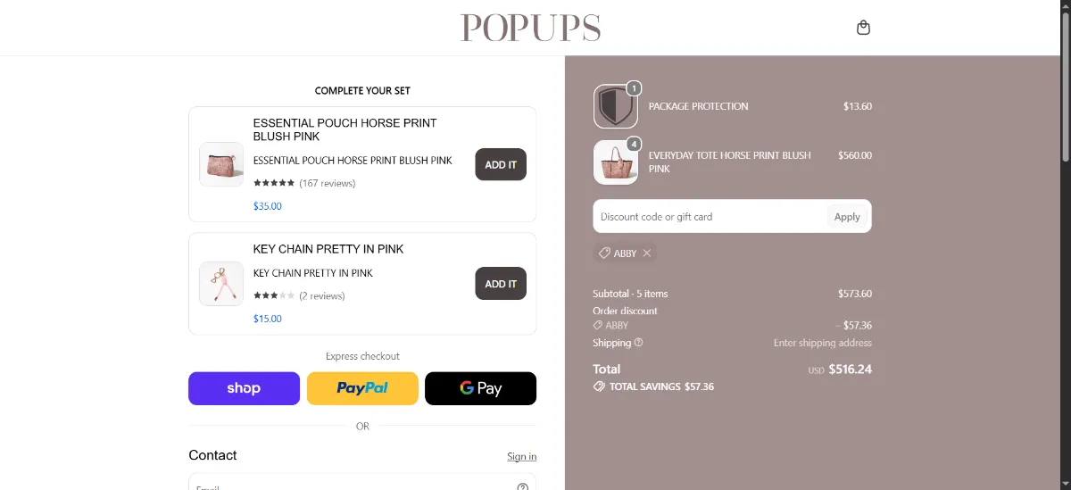 The Pop Ups Brand checkout, with the discount code box