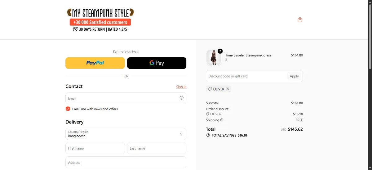 The My Steampunk Style checkout, with the discount code box