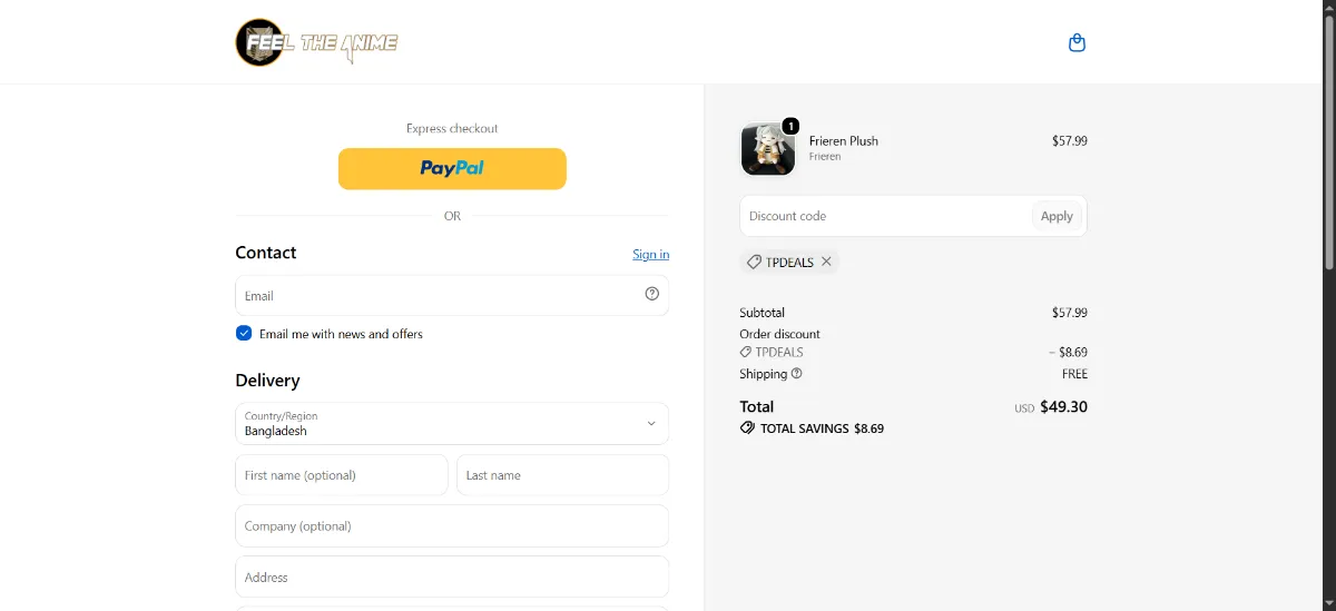 The Feel the Anime checkout, with the discount code box