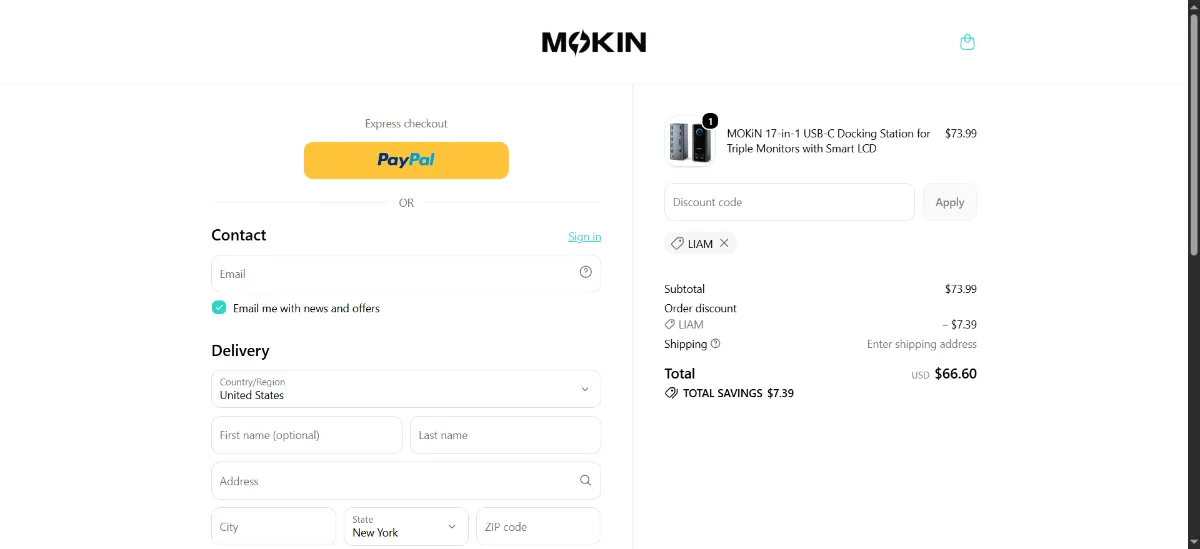 The MOKiN checkout, with the discount code box