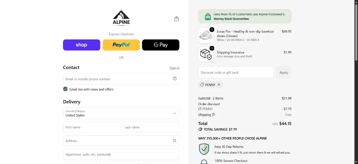 The Alpine Footwear checkout, with the discount code box