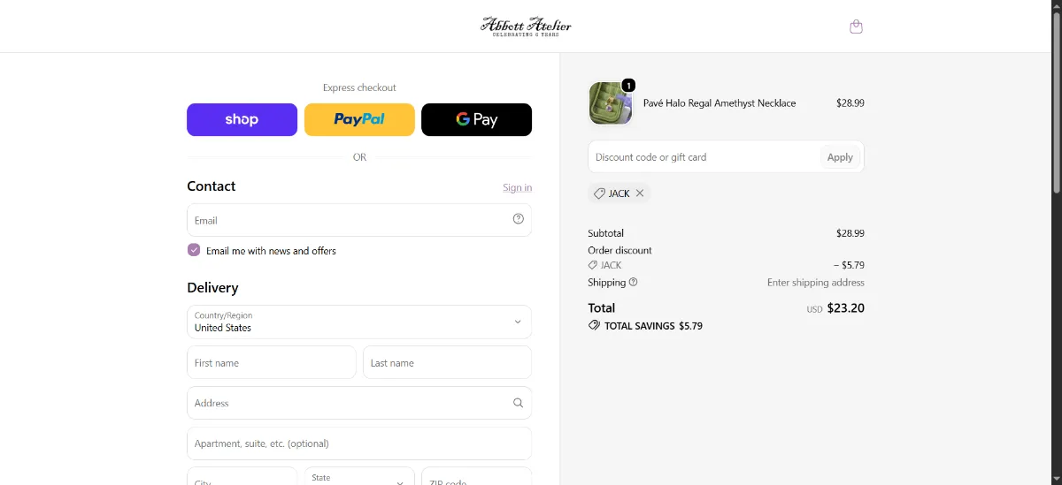 The Abbott Atelier checkout, with the discount code box