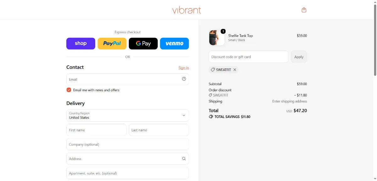 The Vibrant Body Company checkout, with the coupon code box