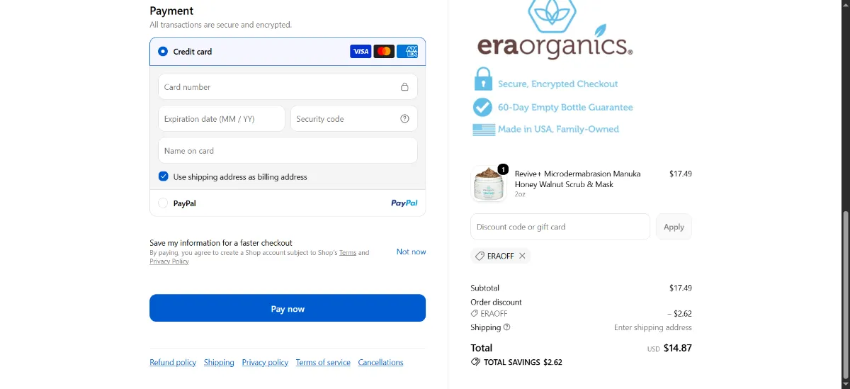 The Era Organics checkout, with the discount code box