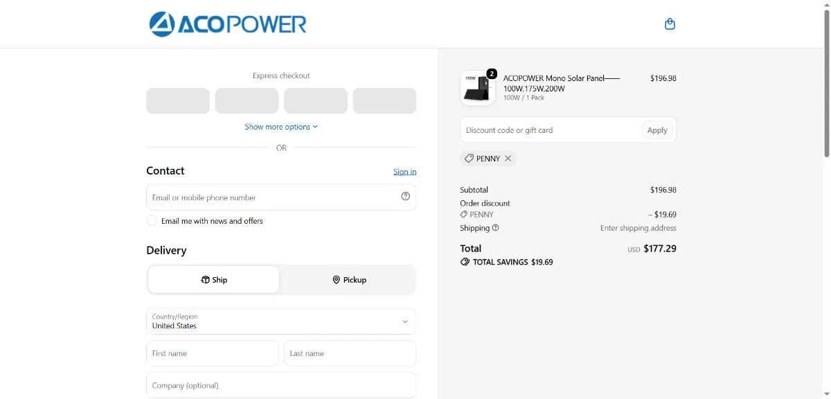 The ACOPOWER checkout, with the discount code box