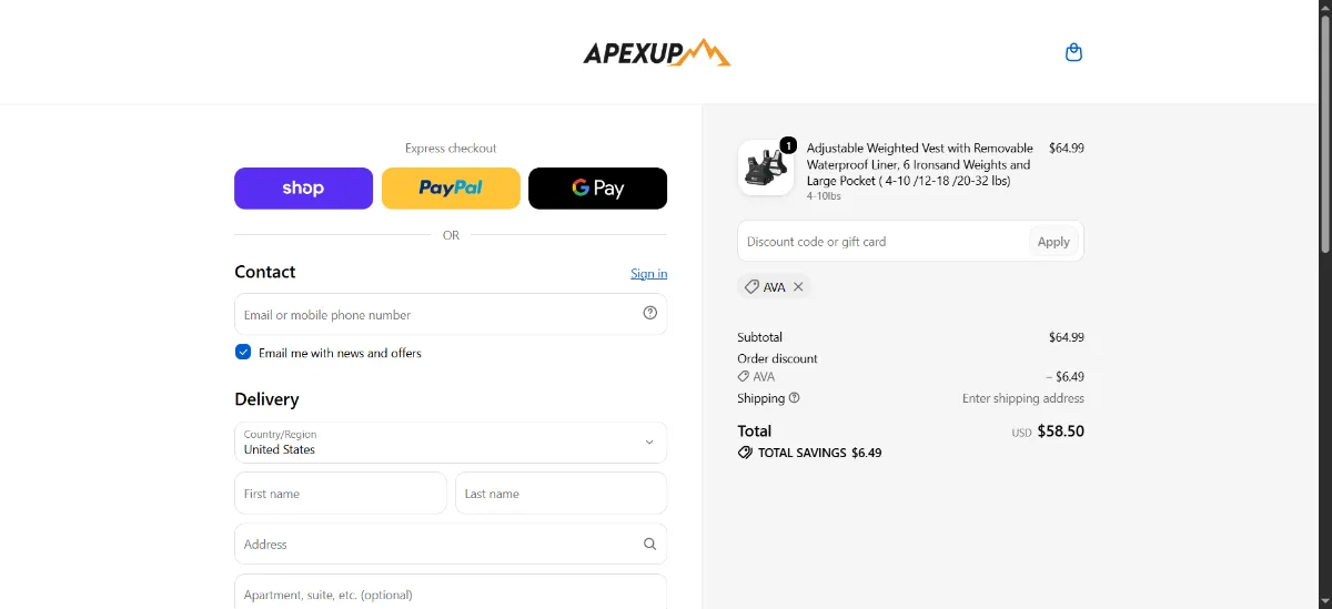 The APEXUP SHOP checkout, with the discount code box