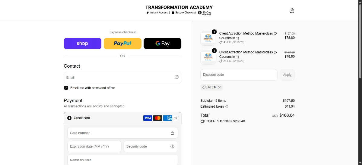 The Transformation Academy checkout, with the discount code box