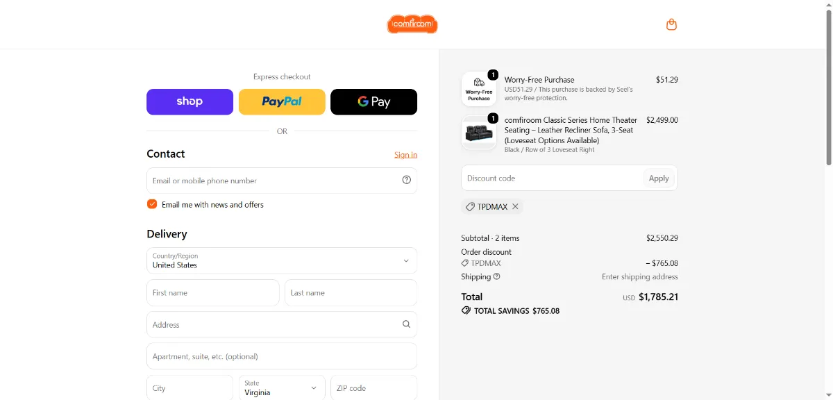 The Comfiroom checkout, with the discount code box
