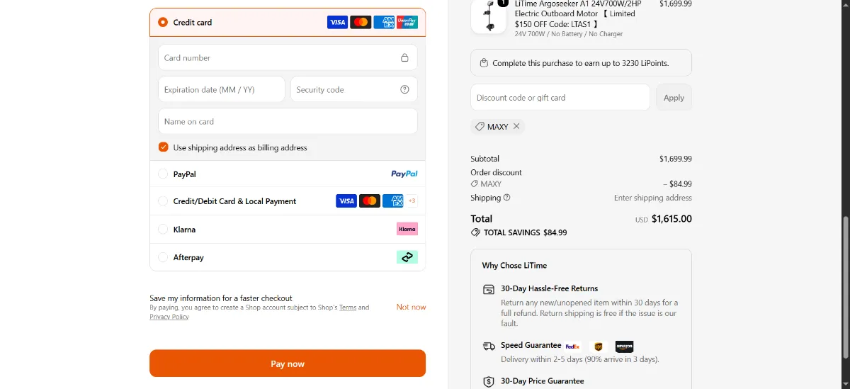 The LiTime checkout, with the discount code box