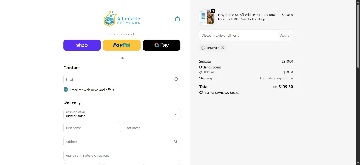 The Affordable Pet Labs checkout, with the discount code box