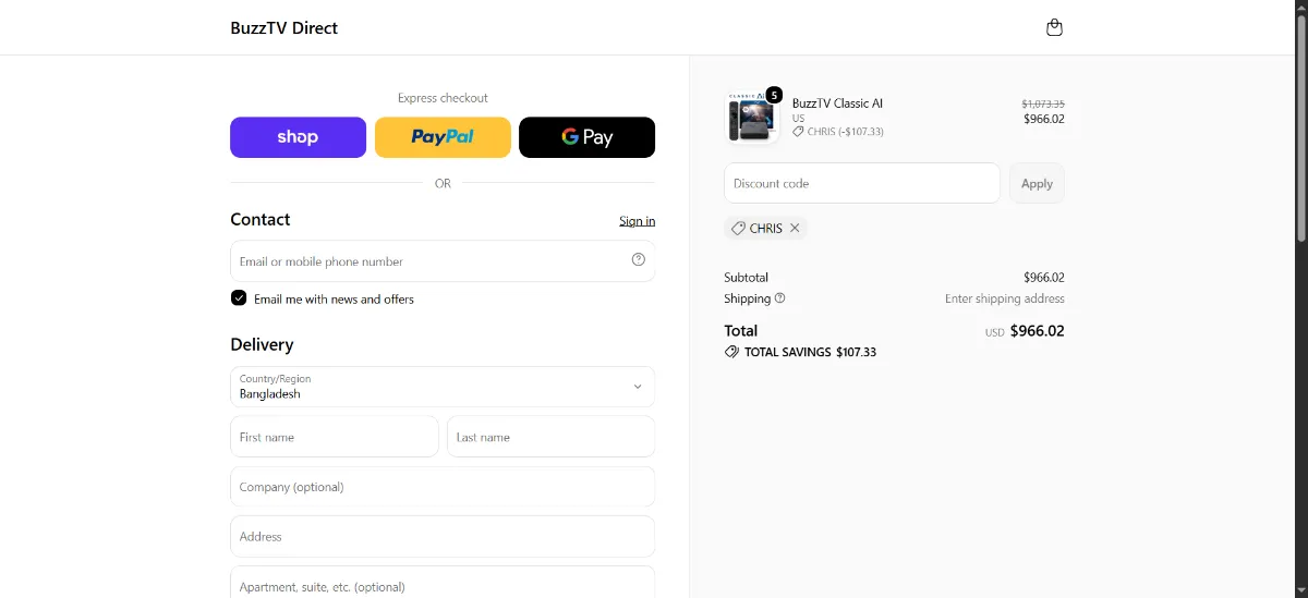 The BuzzTV Direct checkout, with the discount code box