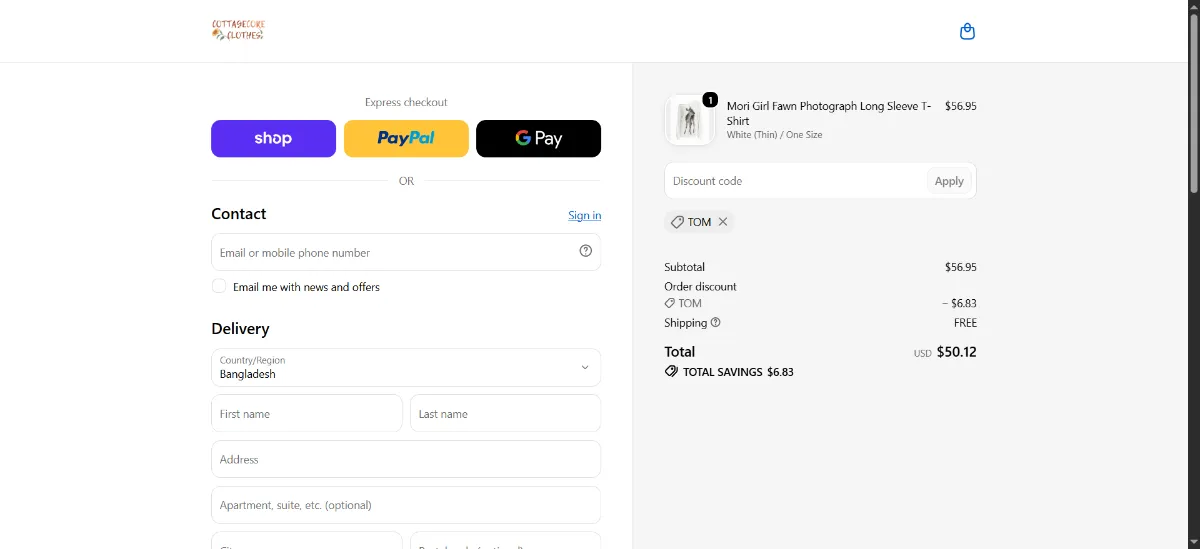 The Сottagecore clothes checkout, with the discount code box