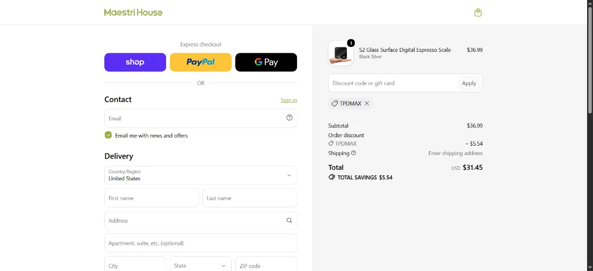 The Maestri House checkout, with the coupon code box